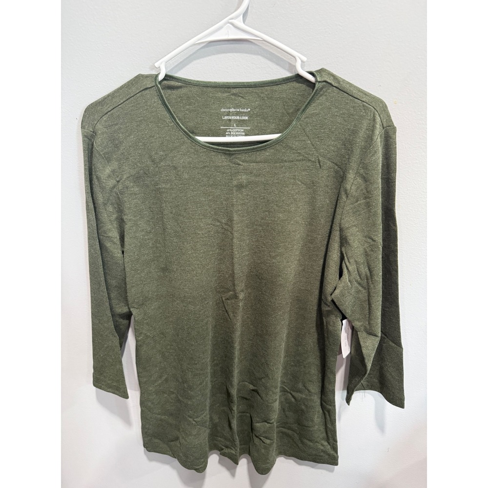 Christopher & Banks Layer-Your-Look Olive Green Scoop Neck 3/4 Sleeve Top Large